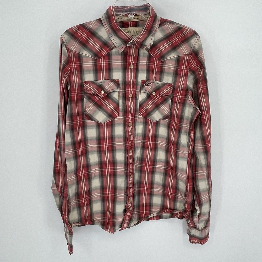 Hollister Men's Red Plaid Long Sleeve Western Button Up Shirt Size L